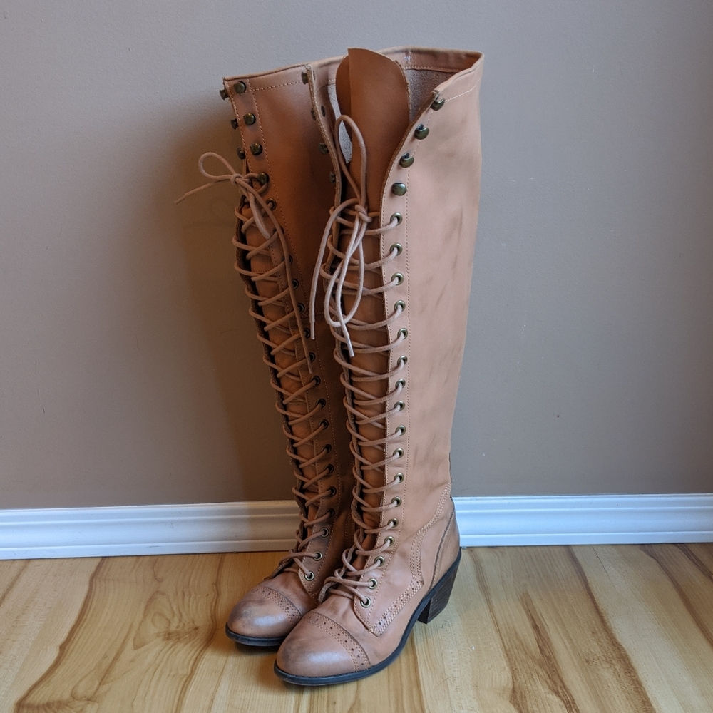 Jeffrey Campbell Tall Lace-Up Knee Boots in Tan